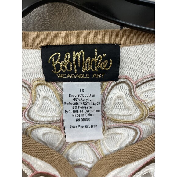 Bob Mackie Cardigan Sweater Women’s 1X Ivory Beige Embroidered Layering Floral - Picture 5 of 7